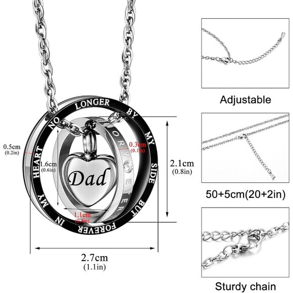 Silver Black Heart Pendant Cremation Necklace for Ashes with Adjustable Chain - Picture 2 of 7